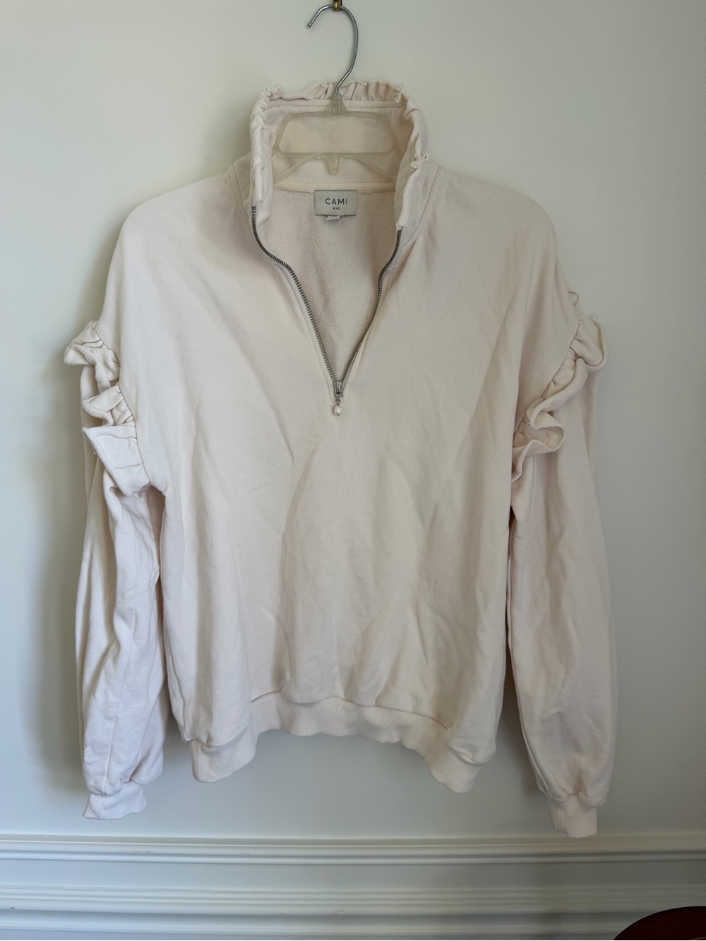 Cami NYC Off White Ruffle-Trim Half-Zip Sweatshirt